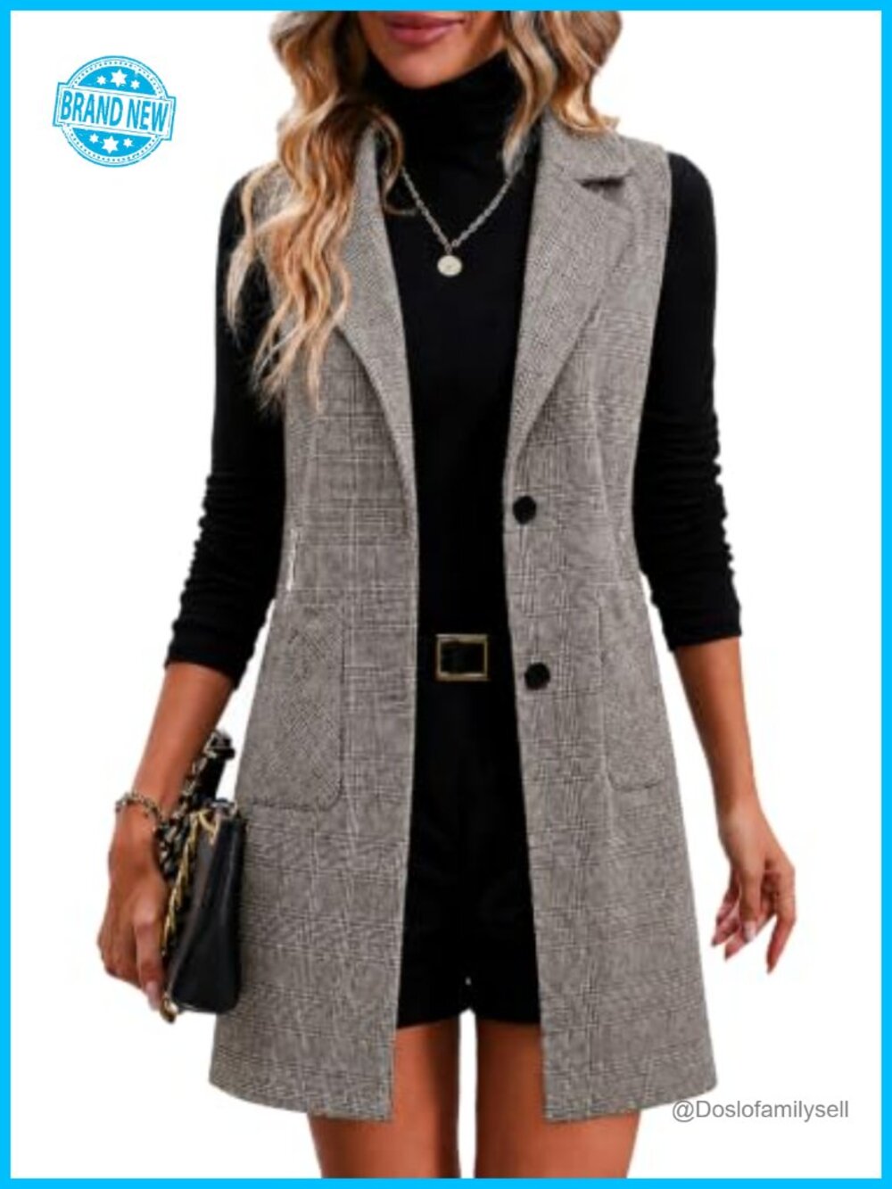 Womens Houndstooth Blazer Vest Fully Lined Sleeveless Office
